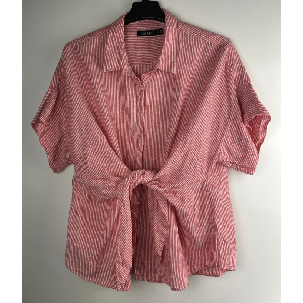 Lauren Ralph Lauren Striped Tie-Front Linen Shirt Red White Women's Plus Size 3X - Picture 2 of 10